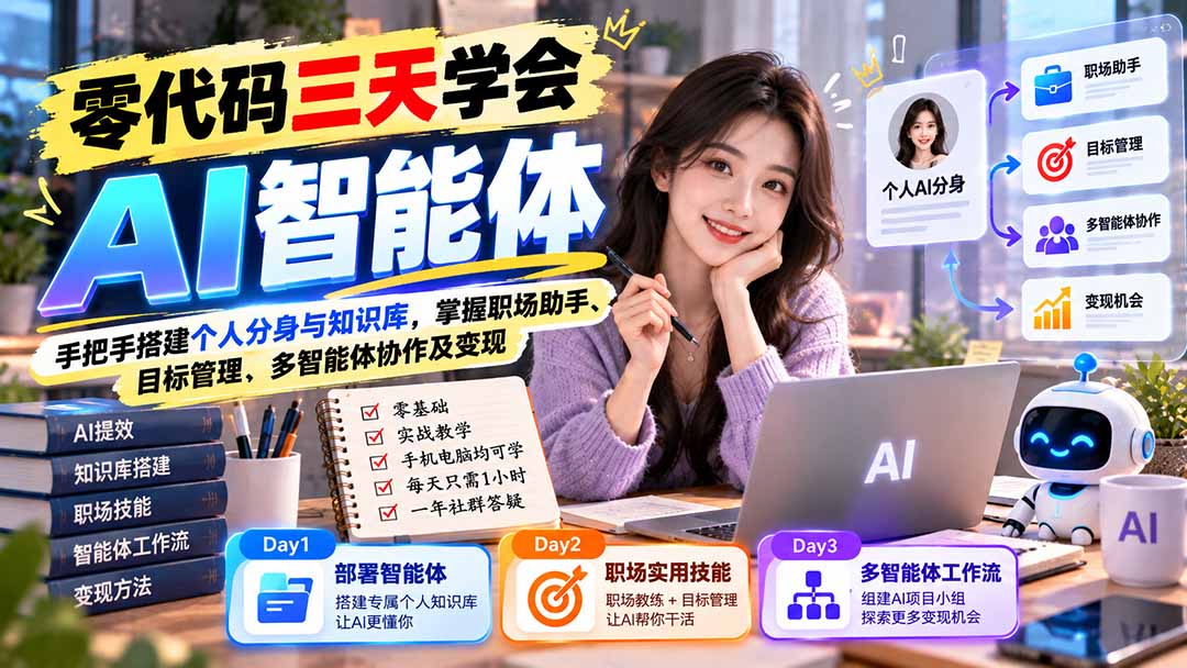 【无水印】零代码三天学会AI智能体:手把手搭建个人分身与知识库,掌握职场助手、目标管理、多智能体协作及变现-资源社