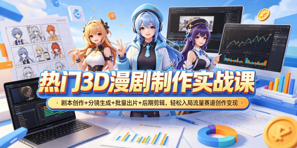 热门3D漫剧制作实战课,剧本创作+分镜生成+批量出片+后期剪辑,轻松入局流量赛道创作变现-资源社
