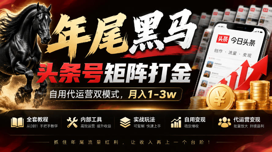 【年尾黑马】头条号矩阵打金,自用代运营双模式,月入1-3w,附全套教程及内部工具【揭秘】-资源社