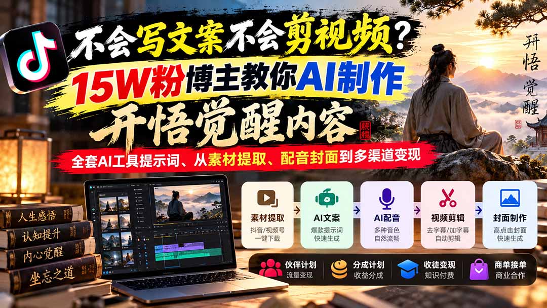 不会写文案不会剪视频？15W粉博主教你AI制作开悟觉醒内容，全套AI工具提示词、从素材提取、配音封面到多渠道变现-资源社