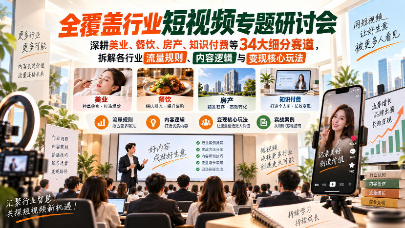 短视频专题研讨会，深耕美业、餐饮、房产、知识付费等34大细分赛道，拆解各行业流量规则、内容逻辑与变现核心玩法-资源社