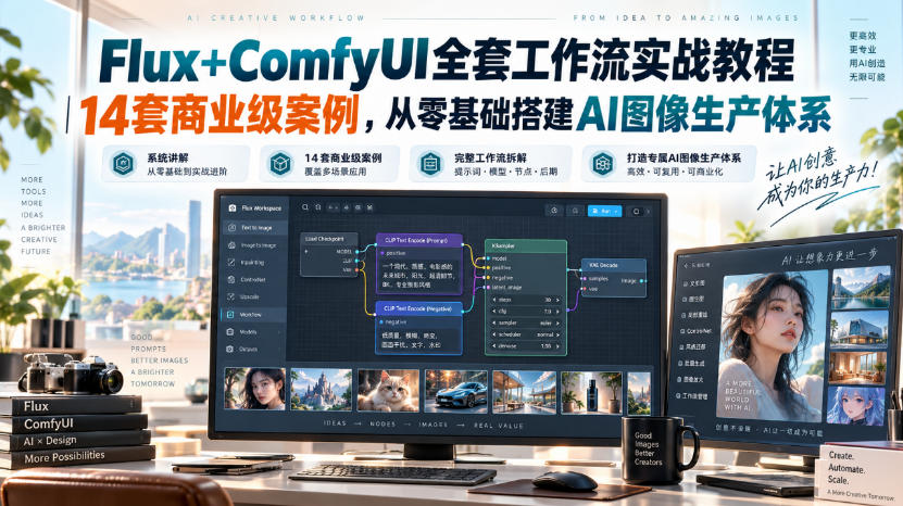 Flux+ComfyUI全套工作流实战教程｜14套商业级案例，从零基础搭建AI图像生产体系-资源社