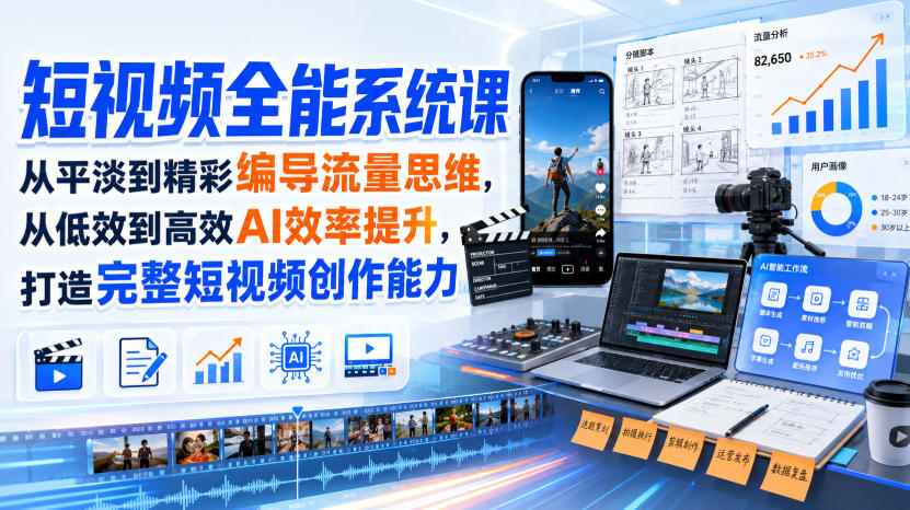 短视频全能系统课,从平淡到精彩编导流量思维,从低效到高效AI效率提升,打造完整短视频创作能力(2026年8月30更新233集)-资源社