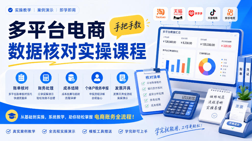 多平台电商数据核对实操课程,手把手教账单核对、账务处理、成本结转、个体户税务申报与发票开具-资源社