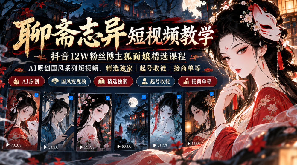聊斋志异短视频教学，抖音12W粉丝博主狐面娘精选课程，AI原创国风系列短视频，精选独家丨起号收徒丨接商单等-资源社
