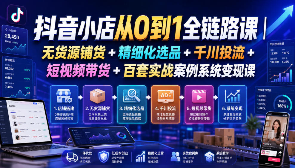 抖音小店从0到1全链路课｜无货源铺货+精细化选品+千川投流+短视频带货+百套实战案例系统变现课(2026年7月更新)-资源社