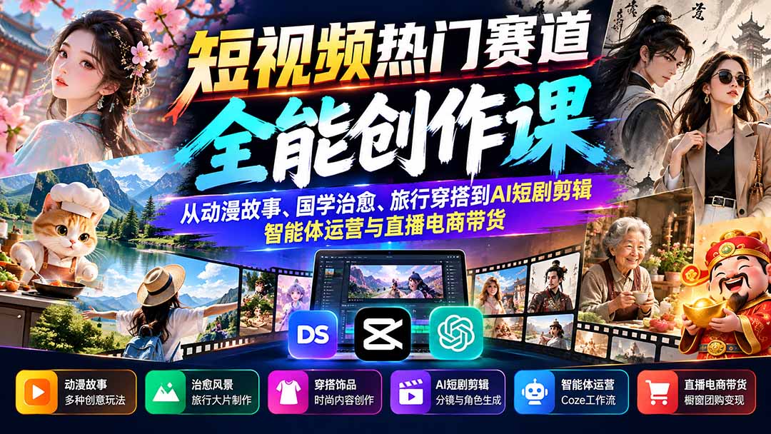 短视频热门赛道全能创作课:从动漫故事、国学治愈、旅行穿搭到AI短剧剪辑、智能体运营与直播电商带货-资源社