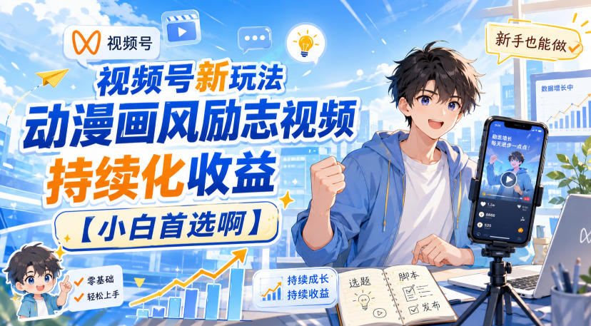 视频号新玩法动漫画风励志视频,持续化收益【小白首选啊】-资源社
