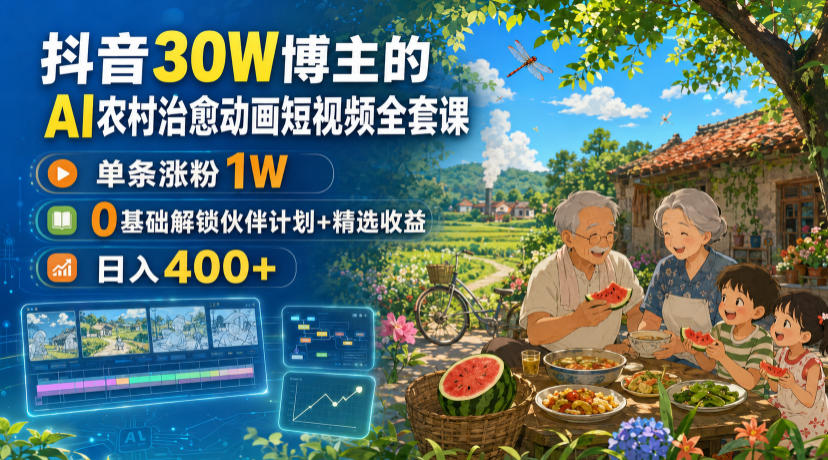 抖音30W博主的AI农村治愈动画短视频全套课|单条涨粉1W,0基础解锁伙伴计划+精选收益,日入400+-资源社