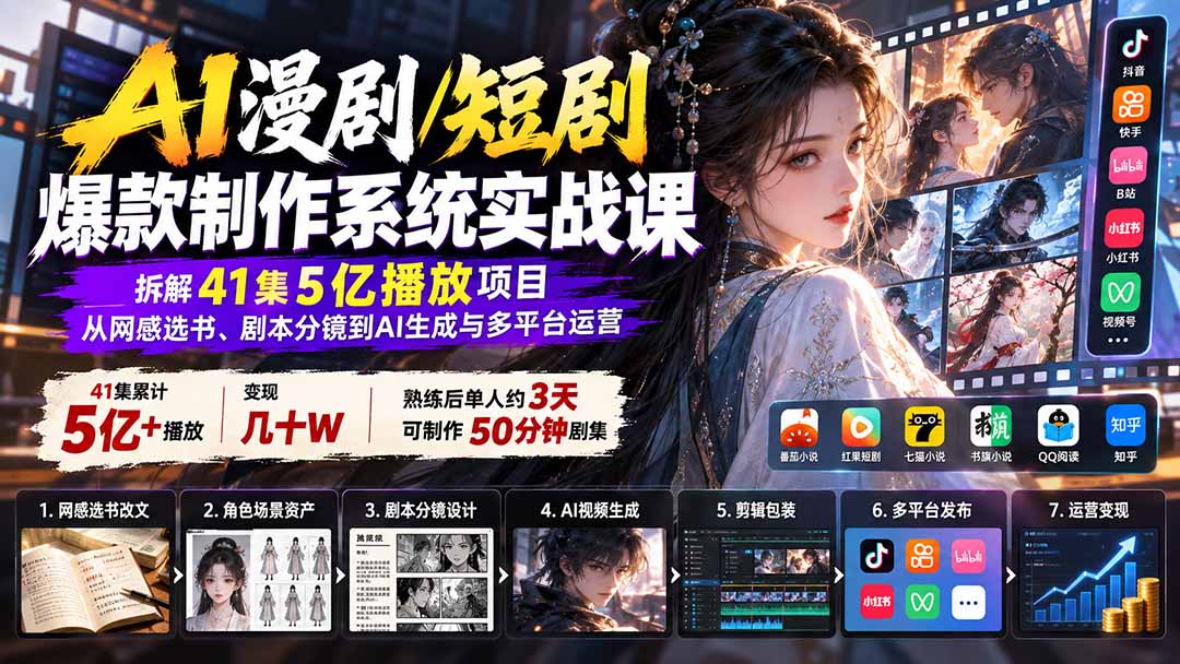 AI漫剧/短剧爆款制作系统实战课:拆解41集5亿播放项目,从网感选书、剧本分镜到AI生成与多平台运营-资源社