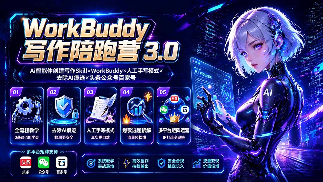 WorkBuddy写作陪跑营3.0-更新:Ai智能体创建写作Skill×WorkBuddy×人工手写模式×去除AI痕迹×头条公众号百家号-资源社