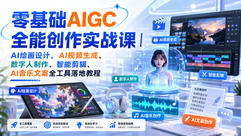 零基础AIGC全能创作实战课｜AI绘画设计、AI视频生成、数字人制作、智能剪辑、AI音乐文案全工具落地教程-资源社