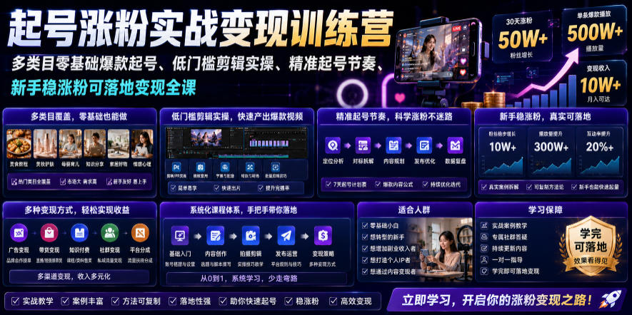 苗子起号涨粉实战变现训练营，多类目零基础爆款起号、精准起号节奏、新手稳涨粉可落地变现全课(更新0719)-资源社