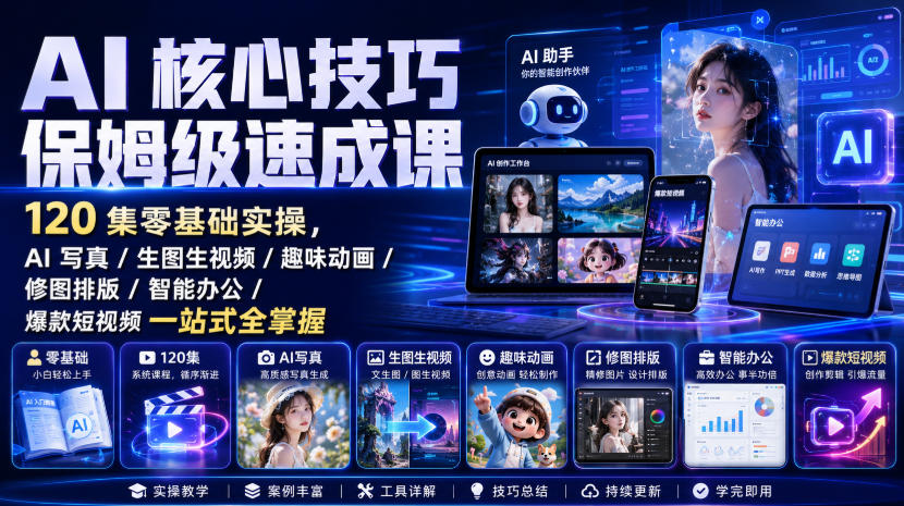 AI核心技巧保姆级速成课|120集零基础实操,AI写真/生图生视频/趣味动画/修图排版/智能办公/爆款短视频一站式全掌握(更新)-资源社