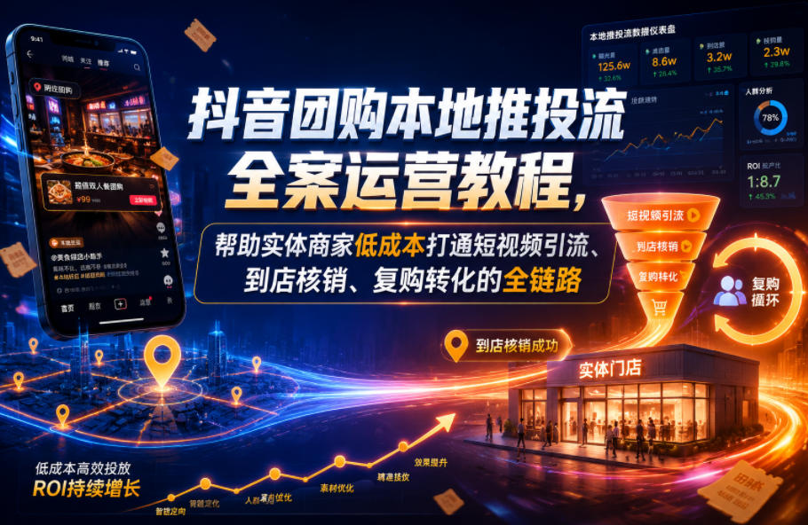 抖音团购本地推投流全案运营教程，帮助实体商家低成本打通短视频引流、到店核销、复购转化的全链路-资源社