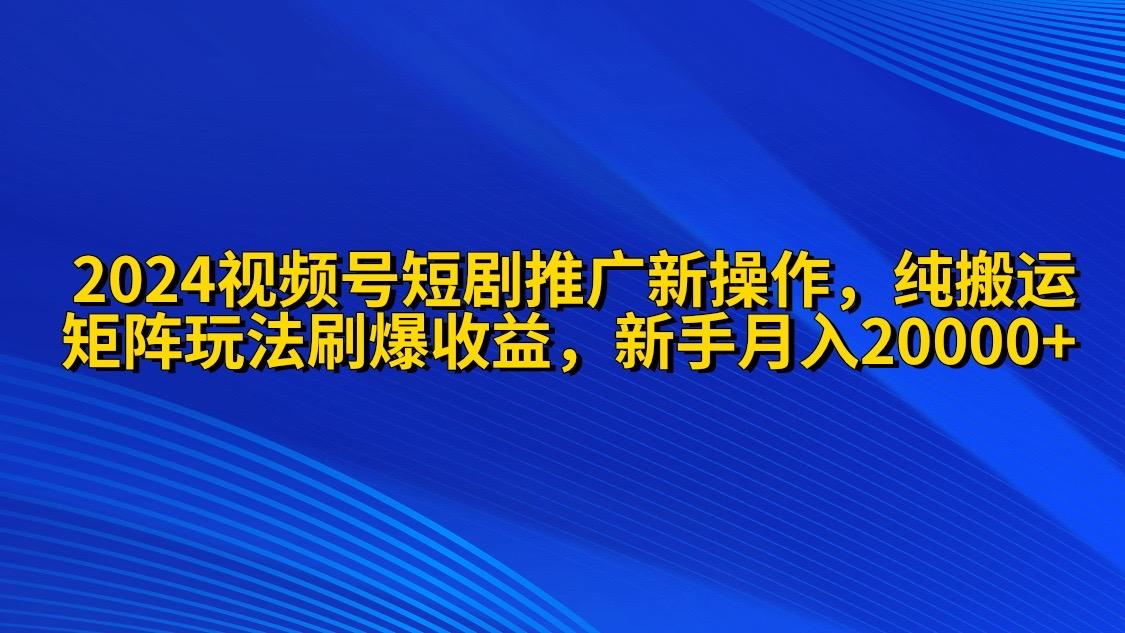 (9916期)2024视频号短剧推广新操作 纯搬运+矩阵连爆打法刷爆流量分成 小白月入20000-资源社