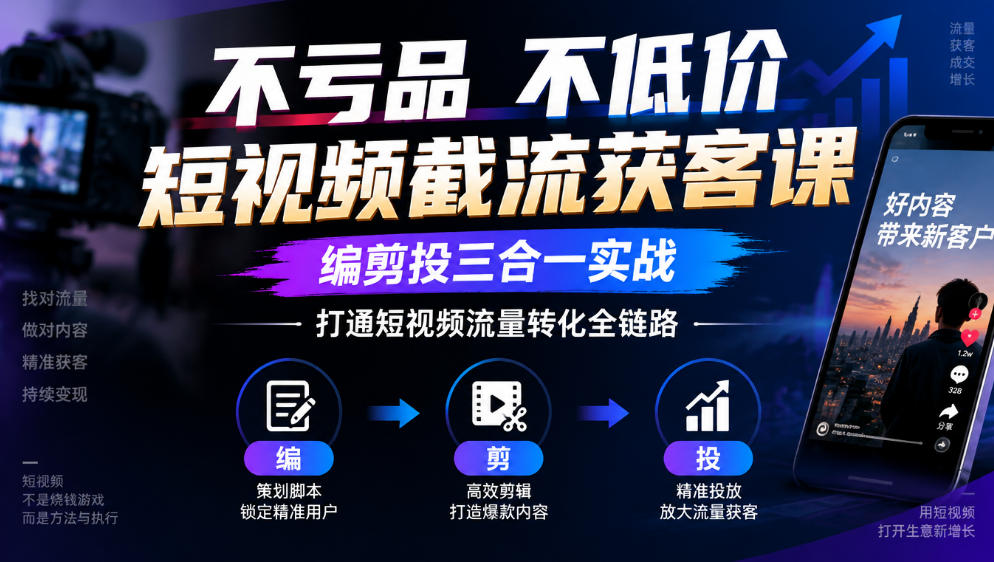 不亏品不低价短视频截流获客课，编剪投三合一实战，打通短视频流量转化全链路-资源社