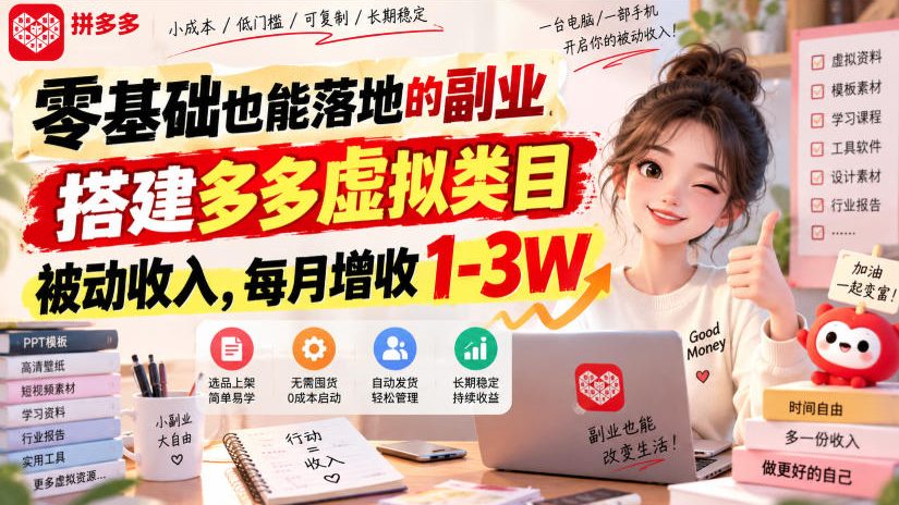 零基础也能落地的副业,搭建多多虚拟类目被动收入,每月增收1-3W【揭秘】-资源社