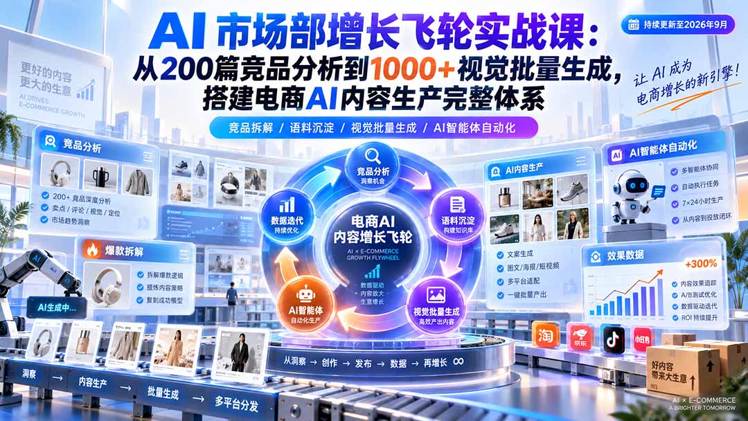 AI 市场部增长飞轮实战课:从200篇竞品分析到1000+视觉批量生成,搭建电商AI内容生产完整体系-资源社