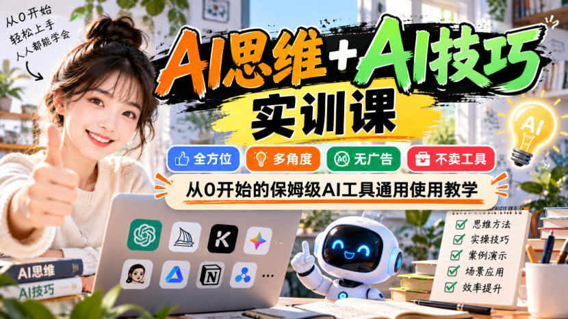 【无水印】AI思维+AI技巧实训课,全方位、多角度、无广告、不卖工具,从0开始的保姆级AI工具通用使用教学-资源社