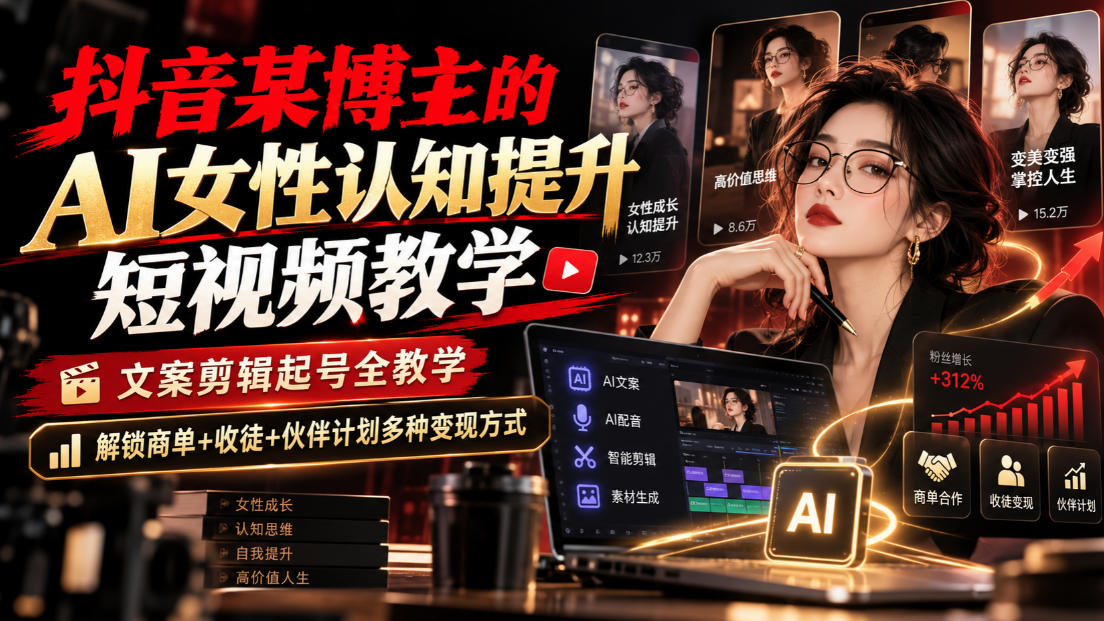 抖音某博主的Ai女性认知提升短视频教学,文案剪辑起号全教学,解锁商单+收徒+伙伴计划多种变现方式-资源社
