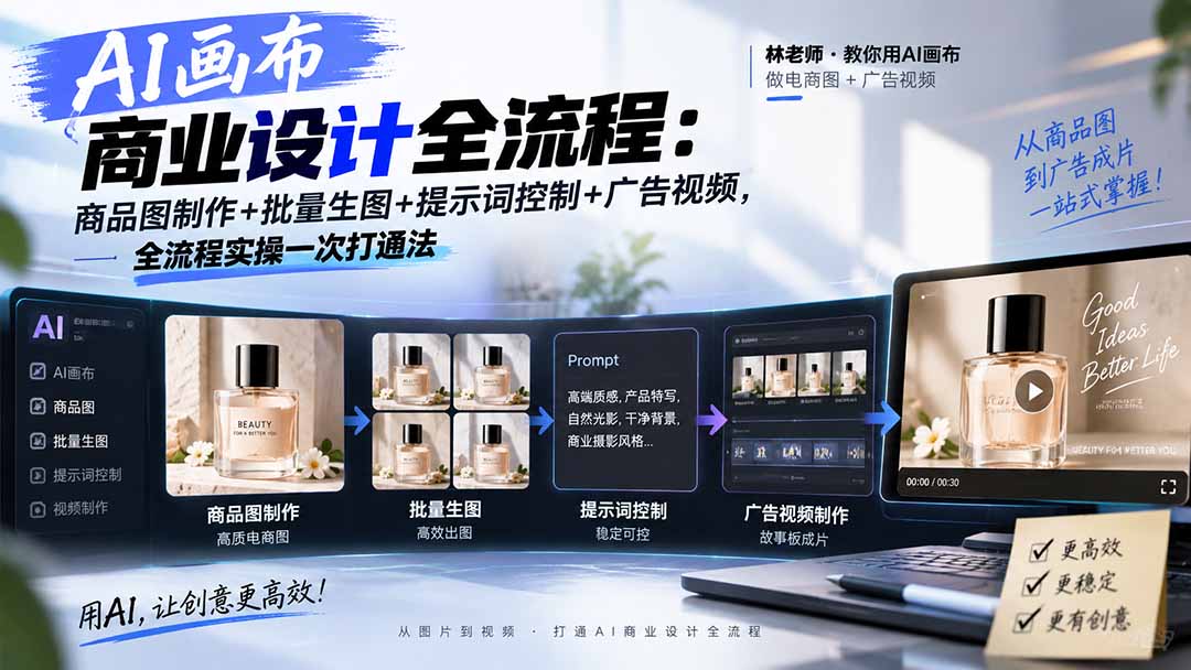 AI画布商业设计全流程:商品图制作+批量生图+提示词控制+广告视频,全流程实操一次打通法-资源社