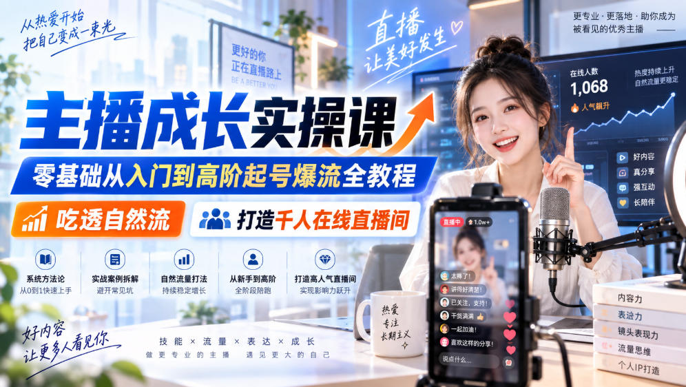 主播成长实操课|零基础从入门到高阶起号爆流全教程,吃透自然流,打造千人在线直播间-资源社