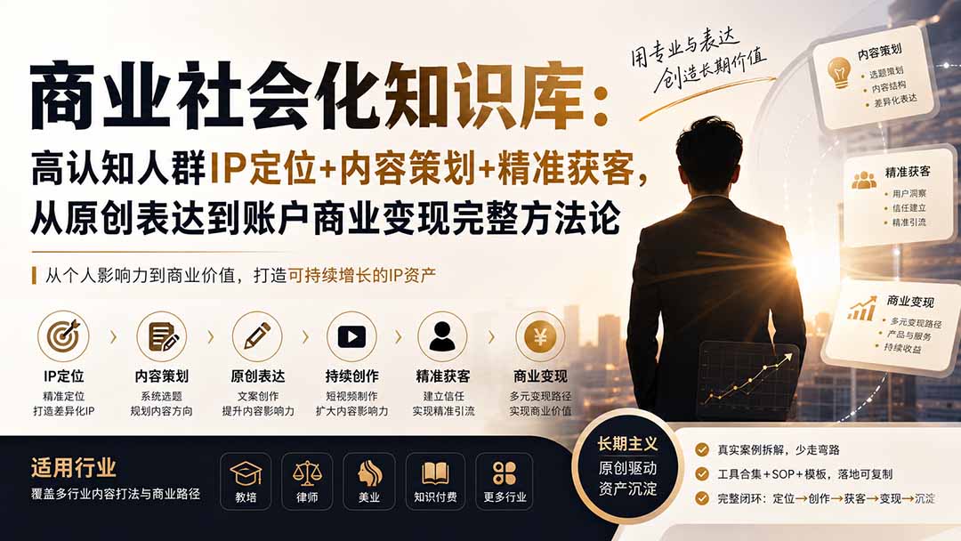 商业社会化知识库:高认知人群IP定位+内容策划+精准获客,从原创表达到账户商业变现完整方法论-资源社