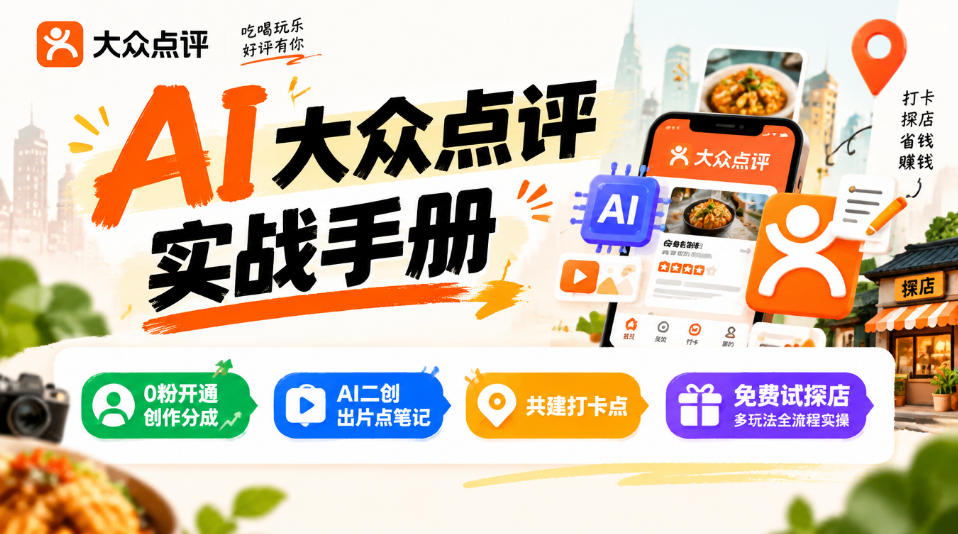 某局的AI大众点评实战手册，0粉开通创作分成、AI二创出片点笔记、共建打卡点、免费试探店多玩法全流程实操-资源社