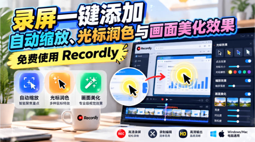 录屏一键添加自动缩放、光标润色与画面美化效果,免费使用Recordly-资源社