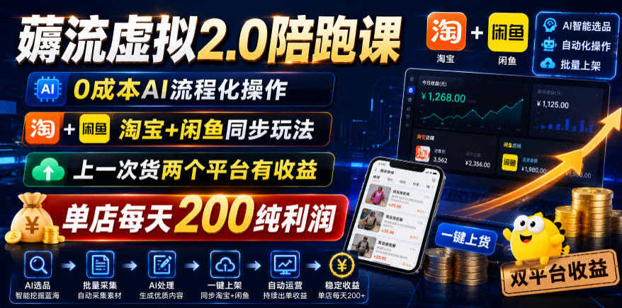 薅流虚拟2.0陪跑课,0成本AI流程化操作,淘宝+闲鱼同步玩法,上一次货两个平台有收益,单店每天200纯利润-资源社