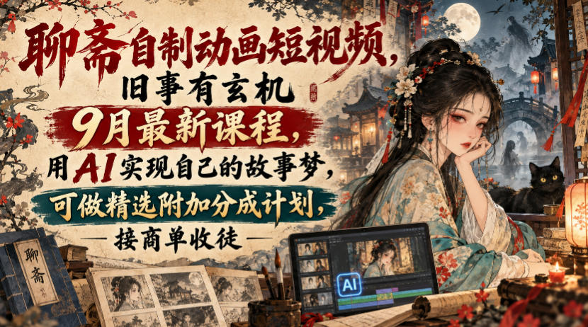 聊斋自制动画短视频，旧事有玄机9月最新课程，用AI实现自己的故事梦，可做精选附加分成计划，接商单收徒-资源社