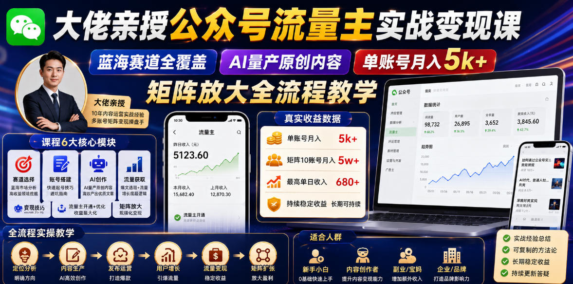 大佬亲授公众号流量主实战变现课，蓝海赛道全覆盖，AI量产原创内容，单账号月入5k+矩阵放大全流程教学-资源社