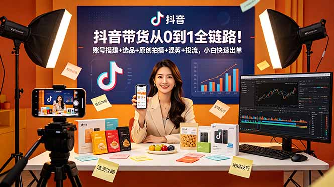 抖音带货从0到1全链路!账号搭建+选品+原创拍摄+混剪+投流,小白快速出单-资源社