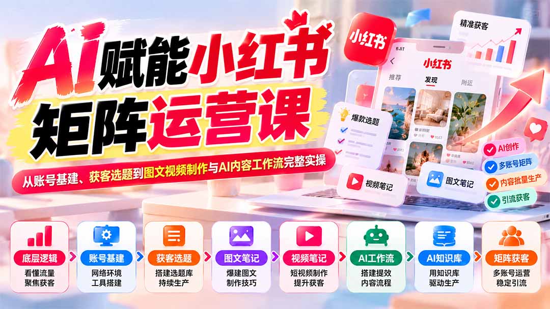 AI赋能小红书矩阵运营课:从账号基建、获客选题到图文视频制作与AI内容工作流完整实操-资源社