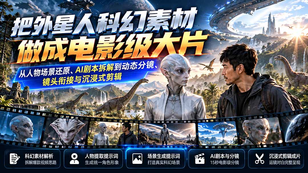 把外星人科幻素材做成电影级大片:从人物场景还原、AI剧本拆解到动态分镜、镜头衔接与沉浸式剪辑-资源社