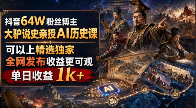 抖音64W粉丝博主大驴说史亲授AI历史课，可以上精选独家，全网发布收益更可观，单日收益1k+-资源社
