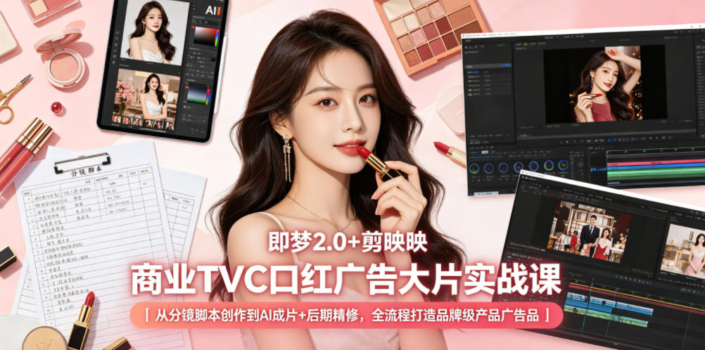 即梦2.0+剪映商业TVC口红广告大片实战课｜从分镜脚本创作到AI成片+后期精修，全流程打造品牌级产品广告-资源社