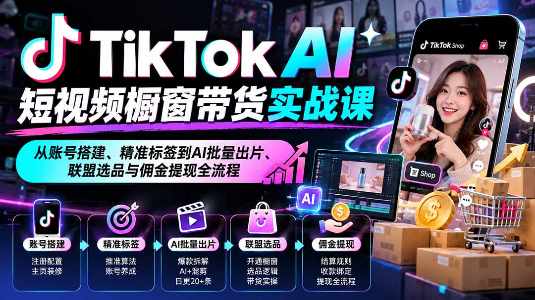 TikTok AI短视频橱窗带货实战课:从账号搭建、精准标签到AI批量出片、联盟选品与佣金提现全流程-资源社