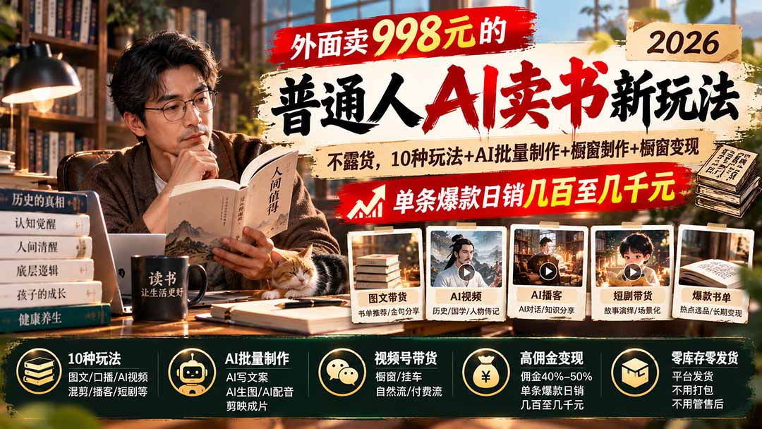 外面卖998元的2026普通人AI卖书新玩法:不露脸、不囤货,10种玩法+AI批量制作+橱窗变现,单条爆款日销几百至几千元-资源社