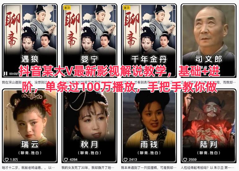 抖音某大V最新影视解说教学，基础+进阶，单条过100万播放，手把手教你做-资源社
