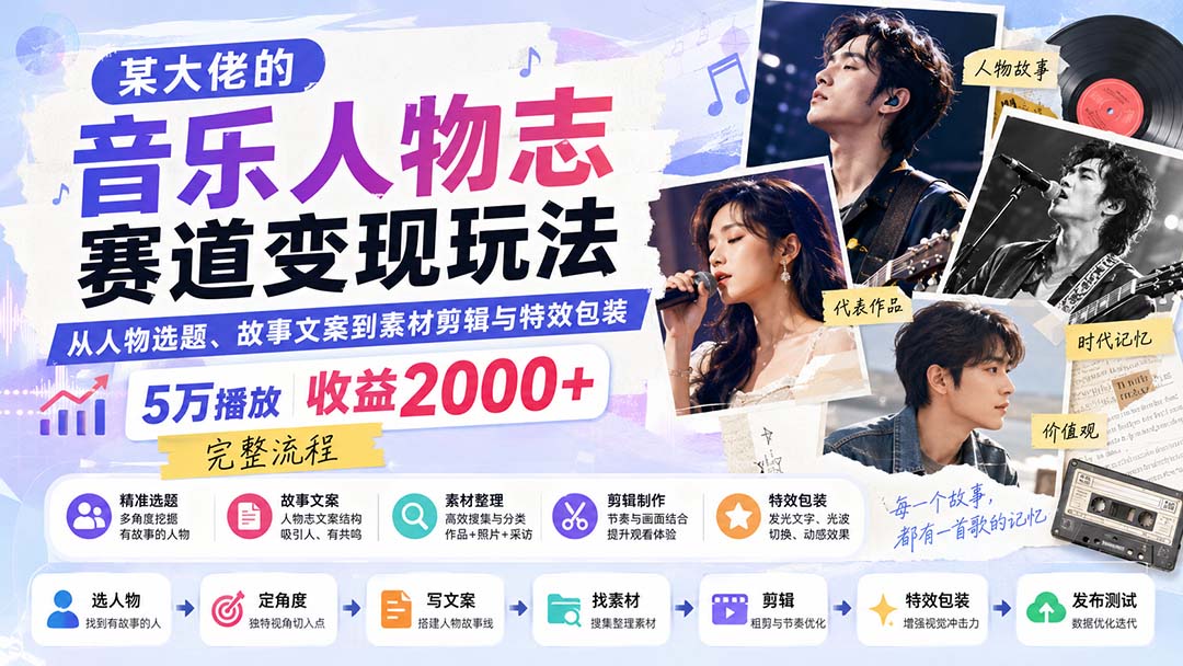 某大佬的音乐人物志赛道变现玩法:从人物选题、故事文案到素材剪辑与特效包装,5万播放收益2000+完整流程-资源社