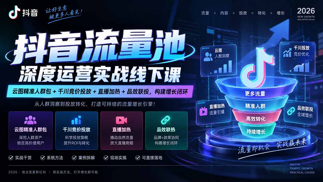 抖音流量池深度运营实战线下课｜云图精准人群包+千川竞价投放+直播加热+品效联投，构建增长闭环-资源社