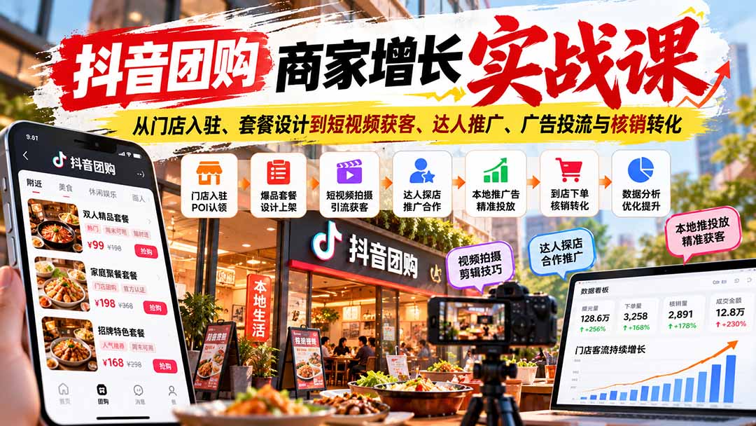 抖音团购商家增长实战课：从门店入驻、套餐设计到短视频获客、达人推广、广告投流与核销转化-资源社