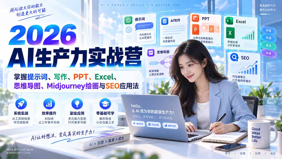 2026AI生产力实战营:掌握提示词、写作、PPT、Excel、思维导图、Midjourney绘画与SEO应用法-资源社