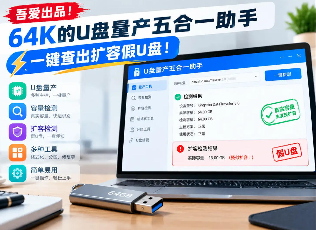 吾爱出品!64K的U盘量产五合一助手,一键查出扩容假U盘!-资源社