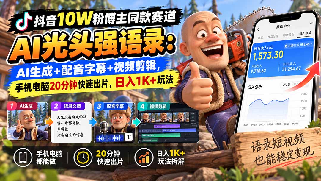 【无水印】抖音10W粉博主同款赛道AI光头强语录：AI生成+配音字幕+视频剪辑，手机电脑20分钟快速出片，日入1K+玩法-资源社