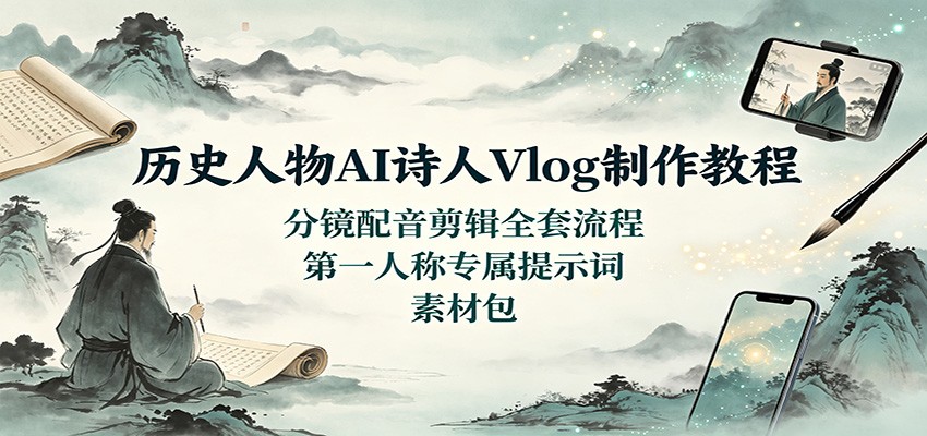 历史人物AI诗人Vlog制作教程：分镜配音剪辑全套流程，第一人称专属提示词素材包-资源社