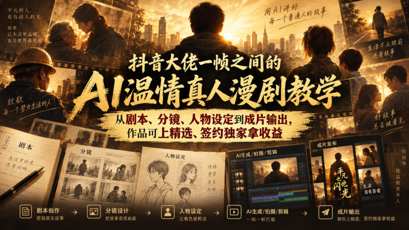 抖音大佬一帧之间的AI温情真人漫剧教学，从剧本、分镜、人物设定到成片输出，作品可上精选、签约独家拿收益-资源社
