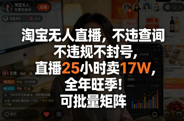 淘宝无人直播，不违规不封号，直播25小时卖17W，全年旺季！可批量矩阵【揭秘】-资源社